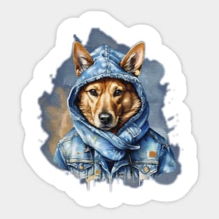 Street Dog wearing a denim jacket hoodie watercolor splash art Sticker